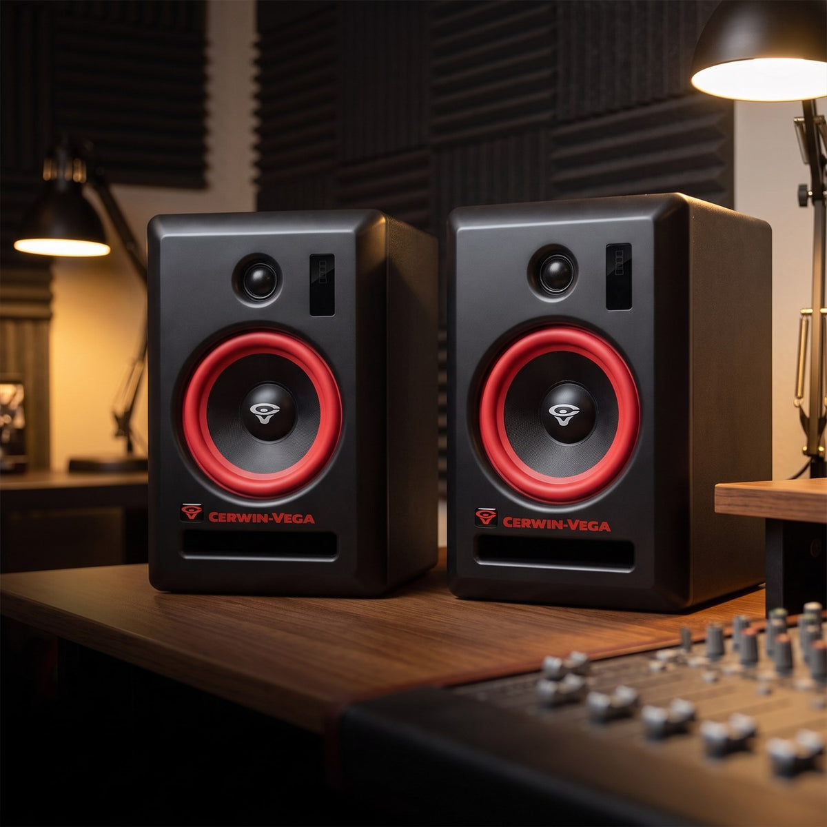 Cerwin Vega VEGA Series studio monitors on a studio desk beside a mixing console